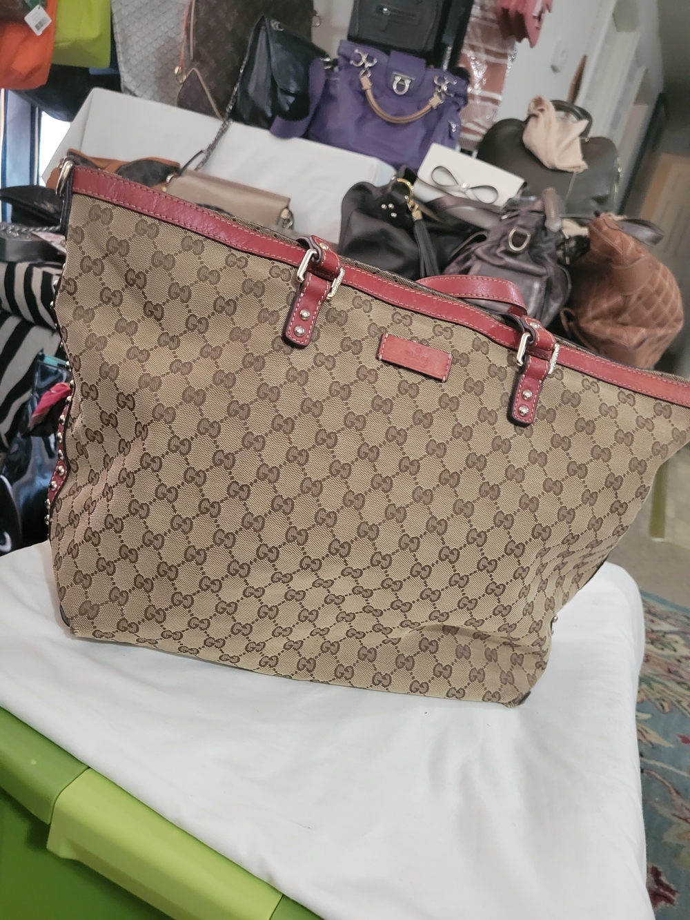Gucci Beige GG Supreme Tote with Red Trim and Handles